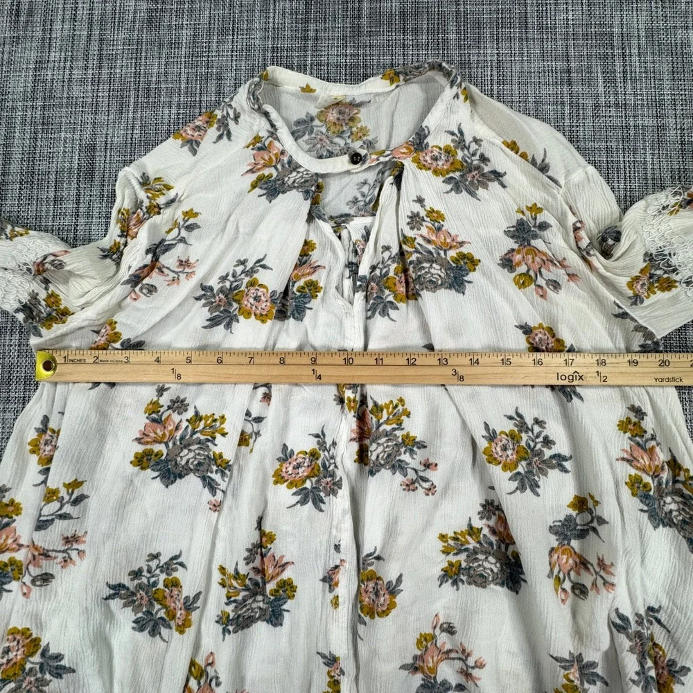 Free People Women's S White Floral Rayon Tunic Top Lace Trim Boho Cottagecore